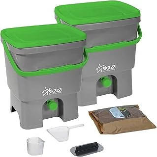 Skaza Bokashi Organko 1 Composteur de Cuisine (2 x 16L) – Bokashi Composteur sans Odeur en Plastique Recyclé – Kit de Démarrage + 1 kg de Ferment – Gris-Vert