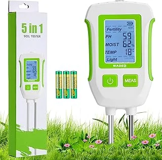 WADEO Testeur de Sol Numérique 5-en-1 avec Écran LCD Rétroéclairé, Mesure Précise du pH, Fertilité, Humidité, Temp. et Lumière, pour Jardinage, Agriculture, Plantes d'Intérieur et d'Extérieur