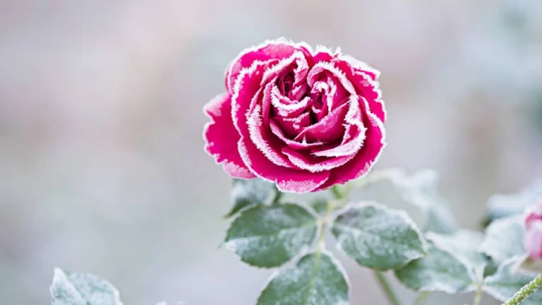 Rose rouge couverte de givre.